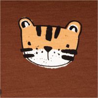 95824-French-Terry-Stoff-Tiger-braun-1-50m-Breite-95824-2.jpg Detailansicht des French Terry Stoffs mit orangefarbenem Tigerkopf und sichtbarer feiner Maschenstruktur.