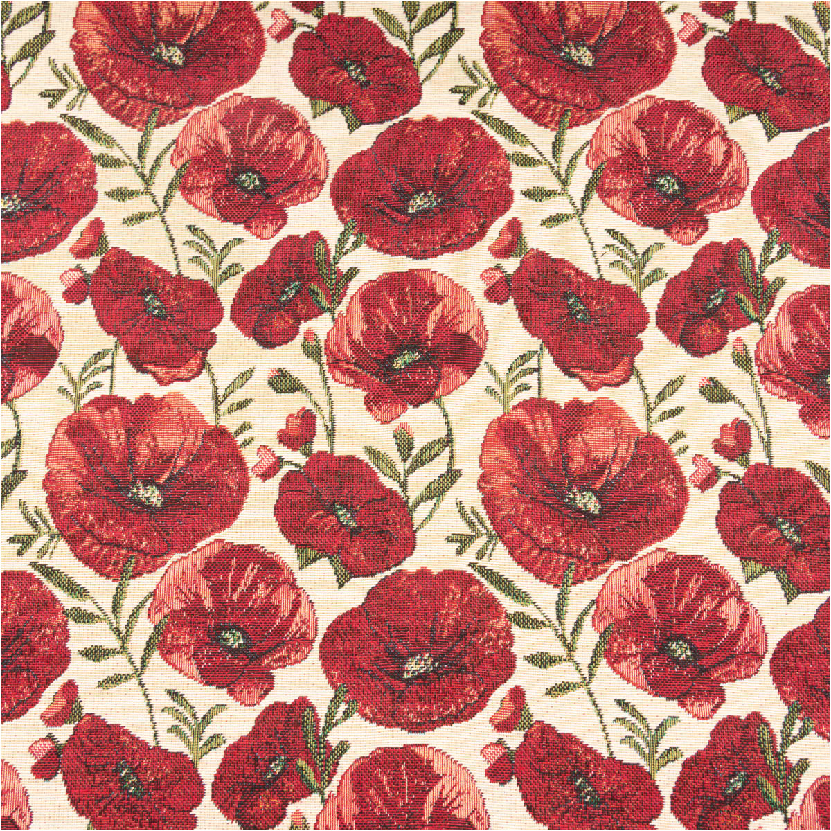 Jacquard Stoff Gobelin Mohnblüten rot beige 1,40m Breite Jacquard Gobelin Stoff mit roten Mohnblüten und grünen Stielen auf Beige, flach ausgebreitet
