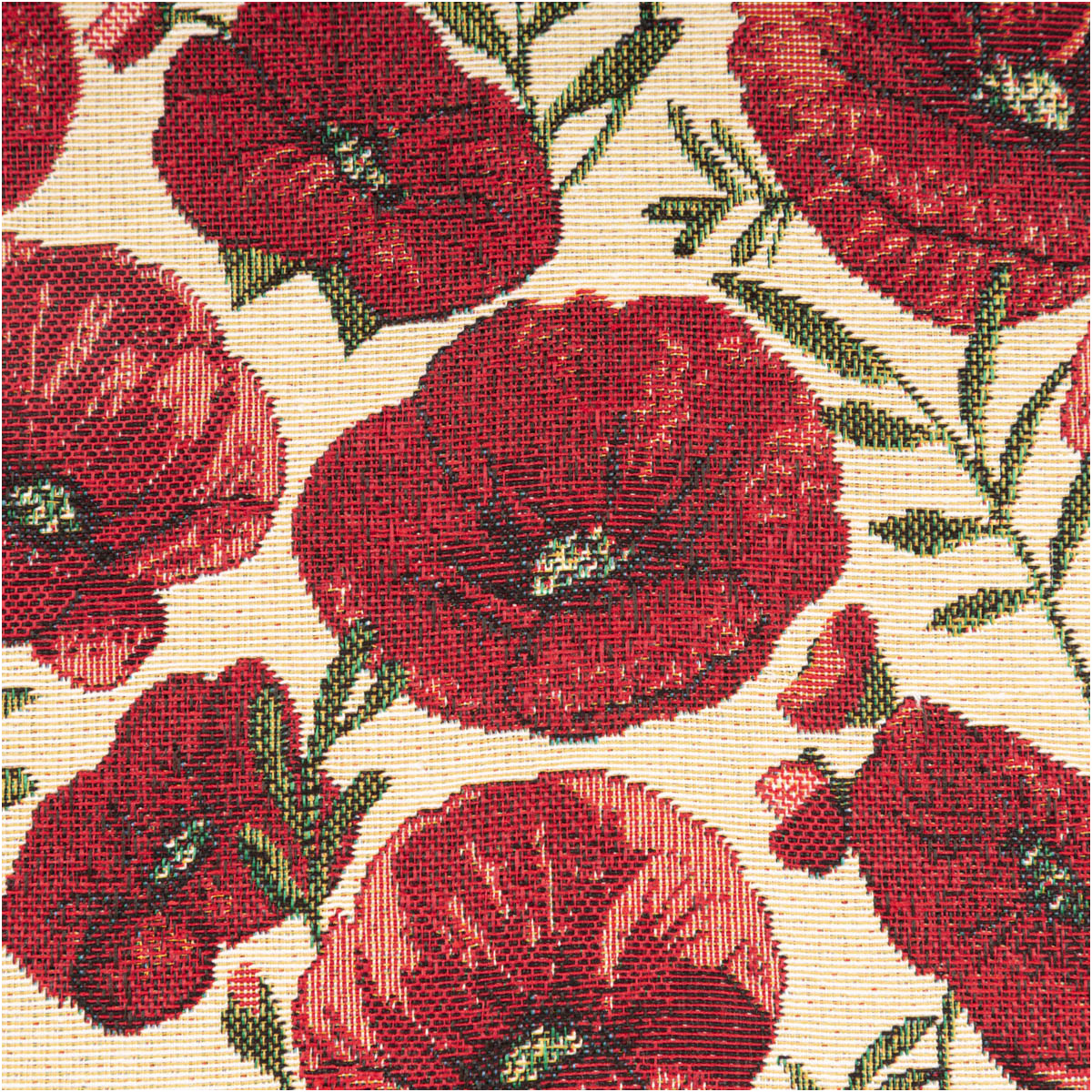Jacquard Stoff Gobelin Mohnblüten rot beige 1,40m Breite Nahaufnahme des Gobelin Stoffs Mohnblüten: gewebte rote Blüten mit dunkler Mitte