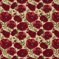 Jacquard Stoff Gobelin Mohnblüten rot beige 1,40m Breite – Bild 2 Jacquard Gobelin mit rotem Mohnblütenmotiv auf Beige, flach ausgebreitet in der Gesamtansicht