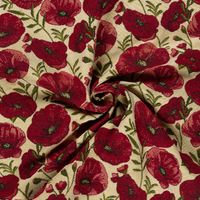 Jacquard Stoff Gobelin Mohnblüten rot beige 1,40m Breite – Bild 3 Gobelin Stoff Mohnblüten rot beige, gerafft, zeigt Fall und Webstruktur des Dekostoffs