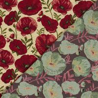Jacquard Stoff Gobelin Mohnblüten rot beige 1,40m Breite – Bild 4 Vorder- und Rückseite des Gobelins: rote Mohnblüten auf Beige, Rückseite in Mint und Grau gewebt