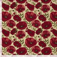 Jacquard Stoff Gobelin Mohnblüten rot beige 1,40m Breite – Bild 5 Gobelin Stoff Mohnblüten rot beige flach ausgebreitet mit Maßband zur Größeneinschätzung des Motivs