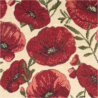 Jacquard Stoff Gobelin Mohnblüten rot beige 1,40m Breite Nahaufnahme des Gobelin Stoffs Mohnblüten: gewebte rote Blüten mit dunkler Mitte
