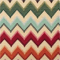 Jacquard Stoff Gobelin Zickzack beige bunt 1,40m Breite Nahaufnahme des Gobelin Stoffs Zickzack: gewebte Streifen in Bordeaux, Orange und Mint