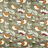 Stoff mit Vogel- und Blumenmuster in Grün, Braun und Cremefarben, verspieltes Design ideal für Dekorationen.