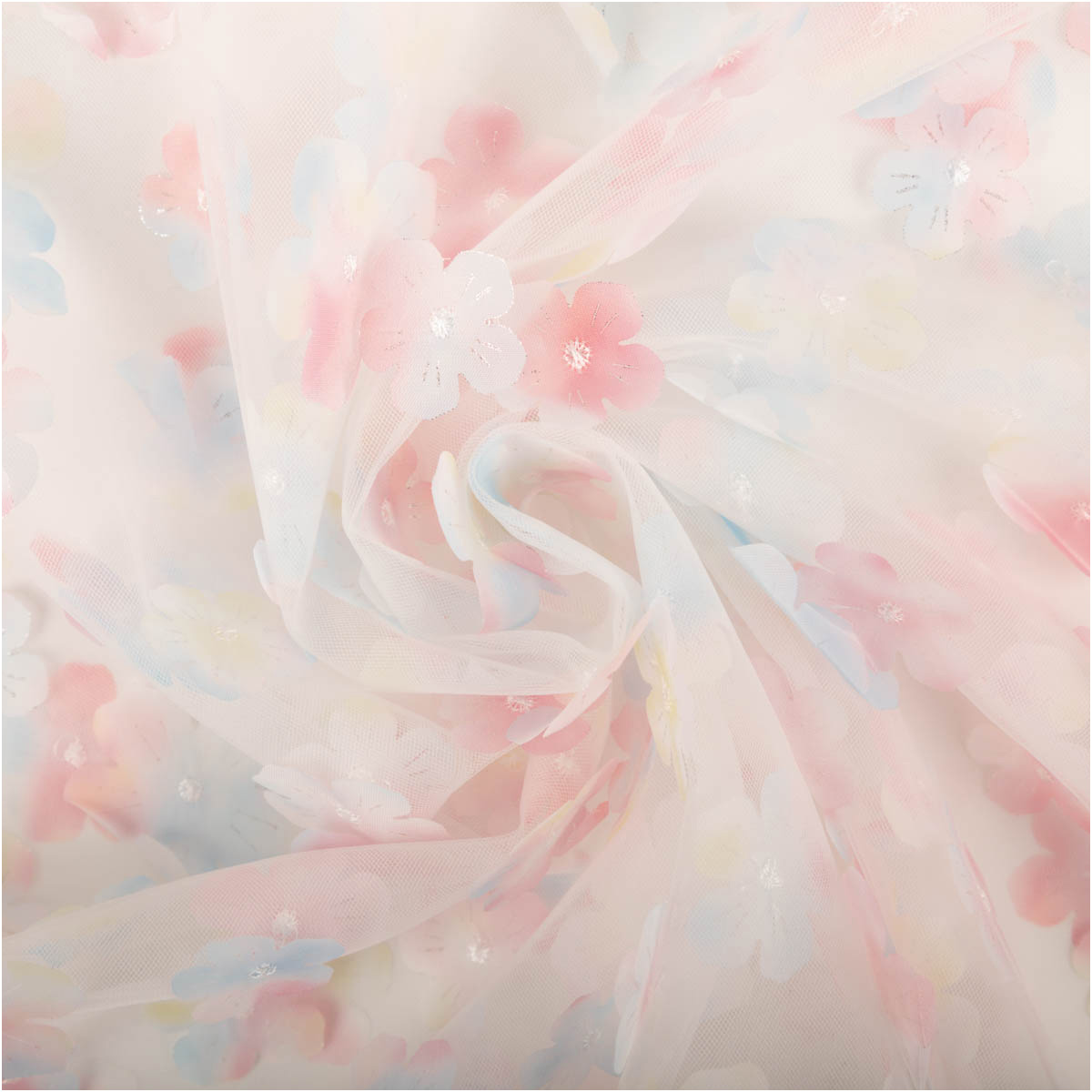 Tüllstoff 3D Blüten mit Perlen Stoff mit zarten Blumenmustern in Pastellfarben