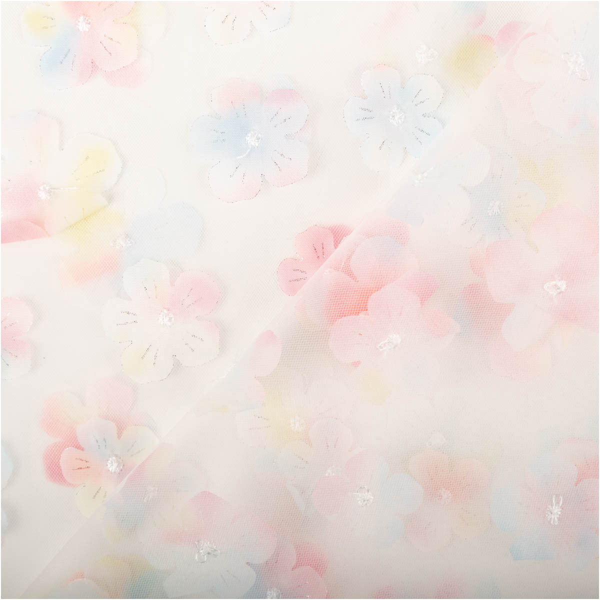Tüllstoff 3D Blüten mit Perlen Stoff mit pastellfarbenen Blumenmuster
