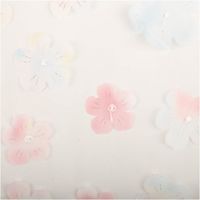 Tüllstoff 3D Blüten mit Perlen Blumenmuster auf hellen Hintergrund