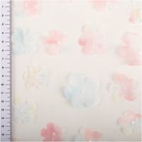 Tüllstoff 3D Blüten mit Perlen Stoff mit pastellfarbenen Blumen und Lineal an der Seite
