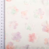 Tüllstoff 3D Blüten mit Perlen weiß flieder mint rosa 1,4m Breite Stoff mit transparenten Blüten und Maßstab an der Seite
