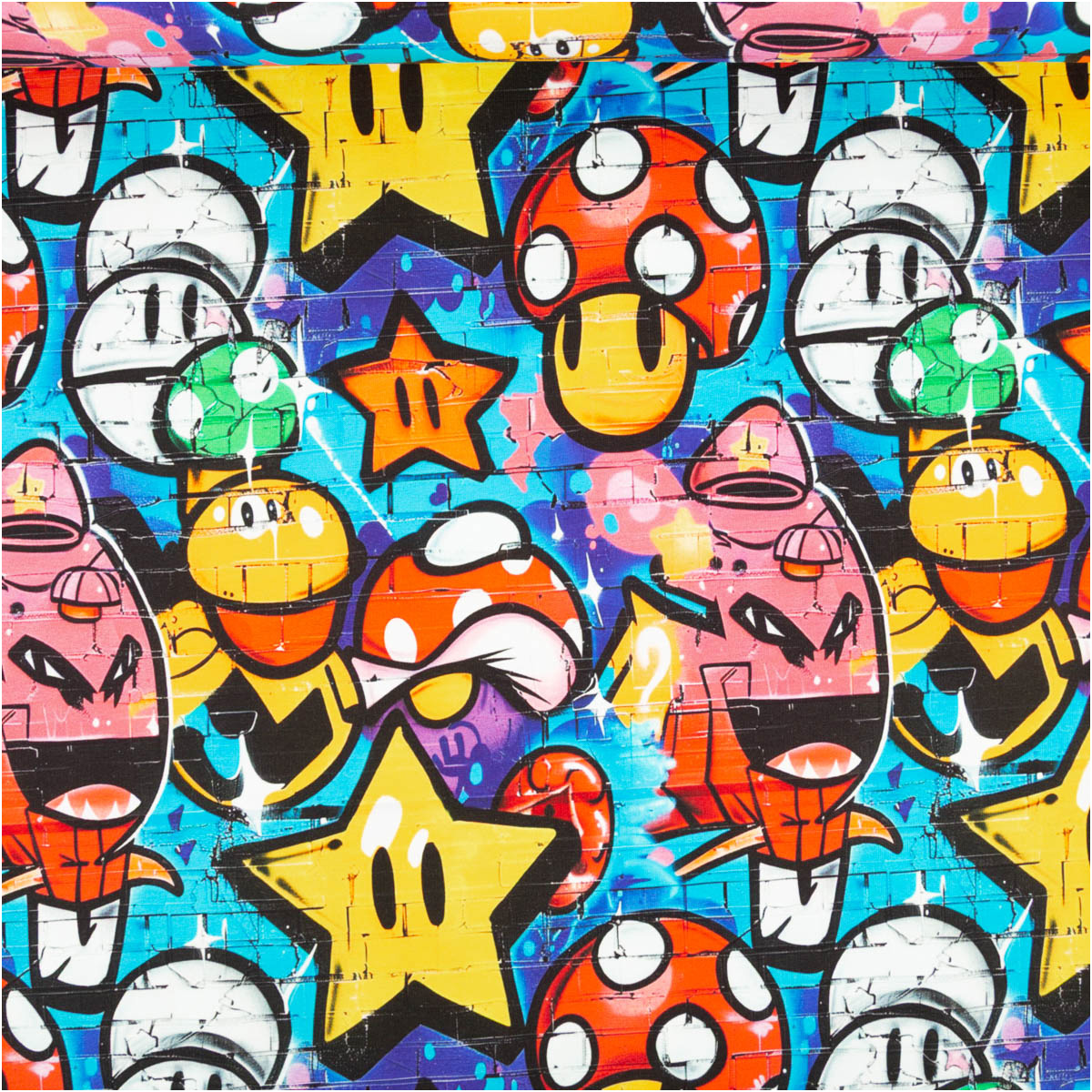 French Terry Digitaldruck Graffiti Street Art Lachgesicht bunt 1,5m Breite Bunte Graffiti-Zeichnung mit Sternen, Pilzen und Figuren auf einer Mauer