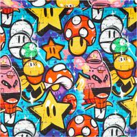 Bunte Graffiti-Zeichnung mit Sternen, Pilzen und Figuren auf einer Mauer
