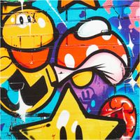 Buntes Graffiti mit Pilz und Stern auf einer Wand