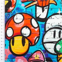 Buntes Wandbild mit Comic-Motiven und Maßstab an der Seite