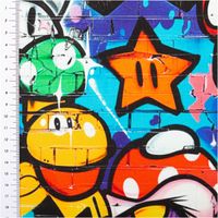 Buntes Graffiti mit Stern, Pilzen und Messskala in Zentimetern am Rand