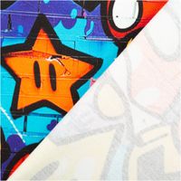 Stoff mit buntem Sternenmuster, blaue und orange Farben