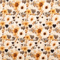 Blumenmuster mit weißen und orangefarbenen Blumen und schwarzen Herzen