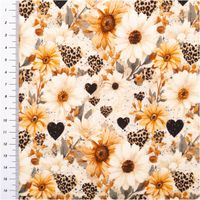 Stoff mit Blumen- und Herzmotiven, Lineal zeigt Maßstab