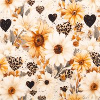 Jersey Stoff Baumwolljersey Digitaldruck Daisy Leo Herzen Blumen creme senfgelb schwarz 1,5m Breite Stoffmuster mit Sonnenblumen und Herzchen in Leopardenstil