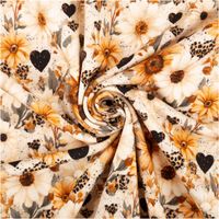 Jersey Stoff Baumwolljersey Digitaldruck Daisy Leo Herzen Blumen creme senfgelb schwarz Gefalteter Stoff mit Blumen- und Herzmuster in Beige- und Brauntönen