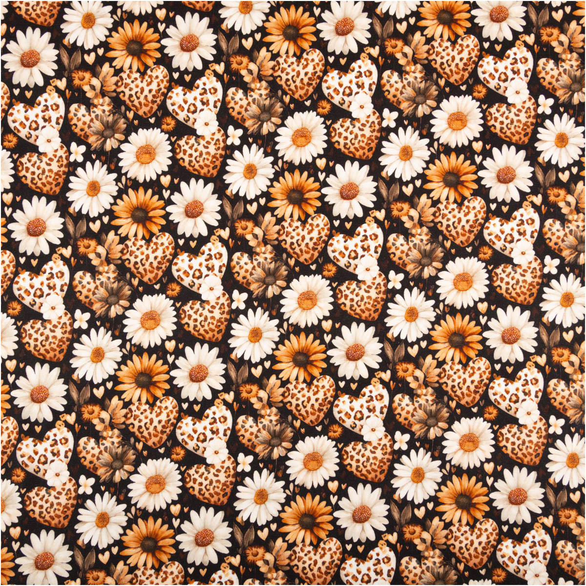 Jersey Stoff Baumwolljersey Digitaldruck Daisy Leo Herzen Blumen schwarz weiß senfgelb 1,5m Breite Baumwolljersey Daisy Leo mit Gänseblümchen und Leo-Herzen auf Schwarz, flach ausgebreitet