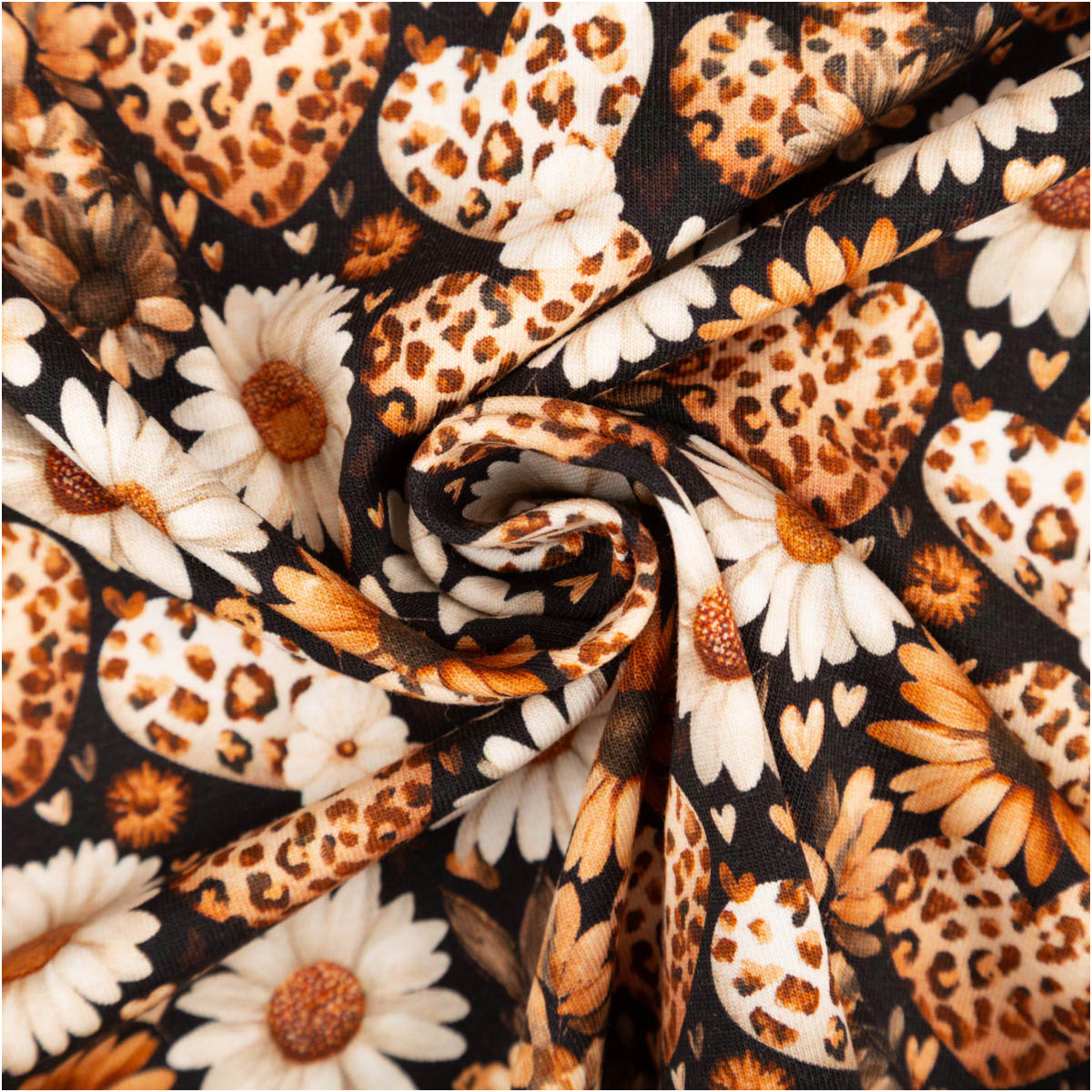 Jersey Stoff Baumwolljersey Digitaldruck Daisy Leo Herzen Blumen schwarz weiß senfgelb 1,5m Breite Jersey Daisy Leo schwarz weiß senfgelb, zur Spirale gedreht