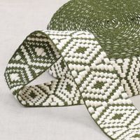 Gurtband Ethno Rautenmuster khaki weiß 3,8cm Breite Gurtband mit Rautenmuster im Ethno-Stil in Khaki und Weiß, 3,8 cm breit, aufgerollt