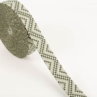 Gurtband Zickzack Chevron hellkhaki grün weiß 3,8cm Breite gerolltes Gurtband mit Zickzackmuster in grün, hellkhaki und weiß, Nahaufnahme auf weißem Hintergrund