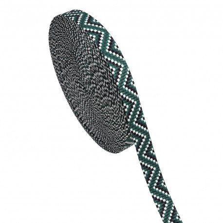 Gurtband Zickzack für Taschen grün schwarz weiß 2,5cm Breite Schmales Gurtband mit Zickzackmuster in Grün, Schwarz und Weiß, 2,5 cm breit, aufgerollt