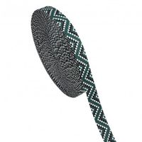Gurtband Zickzack für Taschen grün schwarz weiß 2,5cm Breite Schmales Gurtband mit Zickzackmuster in Grün, Schwarz und Weiß, 2,5 cm breit, aufgerollt