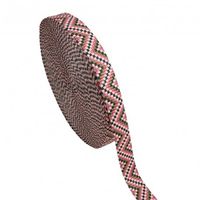 Schmales Gurtband mit Zickzackmuster in Rosa, Pink und Grün, 2,5 cm breit, aufgerollt Schmales Gurtband mit Zickzackmuster in Rosa, Pink und Grün, 2,5 cm breit, aufgerollt