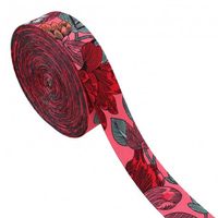 Gurtband Blumen bedruckt fuchsia pink bunt 3,8cm Breite Gurtband mit gedrucktem Blumenmuster auf Fuchsia, 3,8 cm breit, aufgerollt