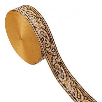 Gurtband Paisley Jacquard senfgelb ecru 4,8cm Breite Breites Gurtband mit eingewebtem Paisley-Muster in Senfgelb und Ecru, 4,8 cm breit, aufgerollt