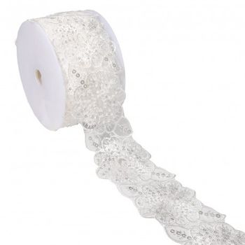 Borte bestickt Blumen Perlen Pailletten weiß 7,5cm Breite Bestickte Borte mit Blumen, Perlen und Pailletten in Weiß, 7,5 cm breit, auf der Spule