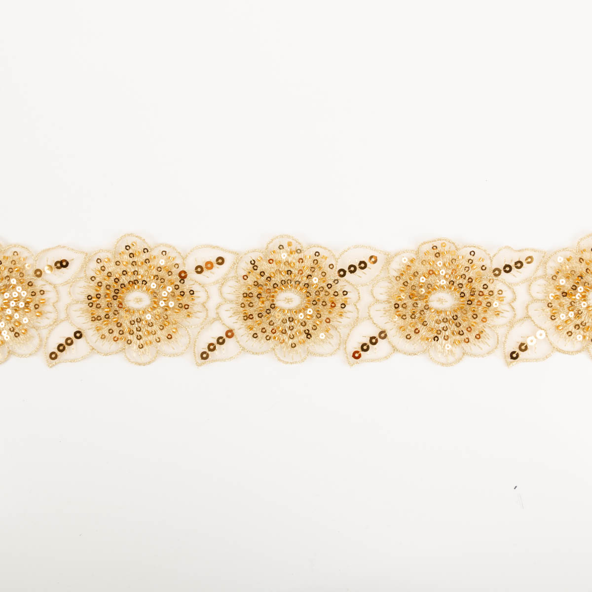Borte bestickt Blumen Perlen Pailletten gold beige 7,5cm Breite Borte mit goldener Stickerei, Blumenmuster und Pailletten auf hellem, transparentem Stoff