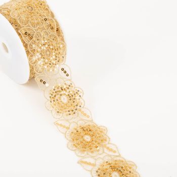 Borte bestickt Blumen Perlen Pailletten gold beige 7,5cm Breite Rolle mit bestickter Borte in Gold, Blumenmotiv und Pailletten, florales Muster auf transparentem Stoff
