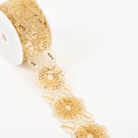 Borte bestickt Blumen Perlen Pailletten gold beige 7,5cm Breite Rolle mit bestickter Borte in Gold, Blumenmotiv und Pailletten, florales Muster auf transparentem Stoff