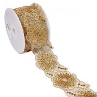 Borte bestickt Blumen Perlen Pailletten gold beige 7,5cm Breite Bestickte Borte mit Blumen, Perlen und Pailletten in Gold und Beige, 7,5 cm breit, auf der Spule
