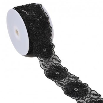Borte bestickt Blumen Perlen Pailletten schwarz 7,5cm Breite Bestickte Borte mit Blumen, Perlen und Pailletten in Schwarz, 7,5 cm breit, auf der Spule
