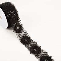Borte bestickt Blumen Perlen Pailletten schwarz 7,5cm Breite Schwarze bestickte Borte mit Blumenmotiv und Pailletten auf Rolle liegend