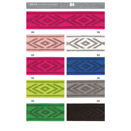 Farbübersicht S2168B40 Farbübersicht des Gummibands mit geometrischem Glitzer-Rautenmuster in allen Farben, 4 cm breit