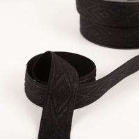 Gummiband Glitzer Rauten geometrisch schwarz silber 4cm Breite Schwarzes elastisches Band mit erhabenen Glitzerrauten locker abgewickelt auf weißem Untergrund