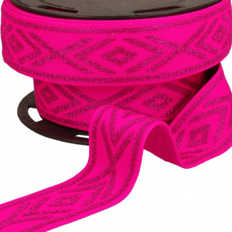 Gummiband Glitzer Rauten geometrisch himbeere pink silber 4cm Breite Breites Gummiband in Himbeere mit silbernem Glitzer-Rautenmuster, 4 cm breit, auf der Spule