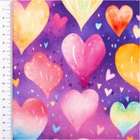 French Terry Digitaldruck Herzen Regenbogen Aquarell bunt lila 1,5m Breite Bunte Herzen auf lila Hintergrund mit Maßstab an der Seite