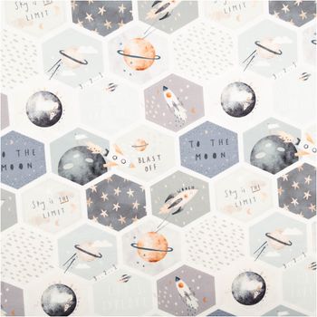 Jersey Stoff Baumwolljersey Digitaldruck Weltraum Hexagon Raketen grau blau beige 1,5m Breite Baumwolljersey mit Hexagon-Muster, Raketen und Planeten in grau, blau und beige