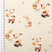 Jersey Stoff Baumwolljersey Digitaldruck Bär Hase Honigbienen hellgrün 1,5m Breite hellgrüner Jersey mit Bären, Hasen und Bienen als Print, Lineal am Rand zum Größenvergleich