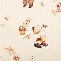 Jersey Stoff Baumwolljersey Digitaldruck Bär Hase Honigbienen hellgrün 1,5m Breite hellgrüner Baumwolljersey mit lustigen Bären und Hasen, Bienen und Schmetterlinge als Motiv, Digitaldruck
