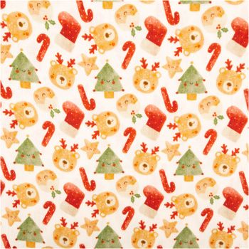 Musselin Stoff Baumwolle Digitaldruck Rufo Weihnachtsbären Zuckerstangen ecru rot 1,30m Breite
