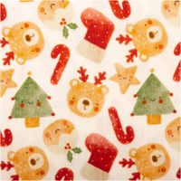 Weihnachtsstoff mit Baer-, Baum- und Sternmotiv in Rot-Gruen-Weiss, fröhliches Design.